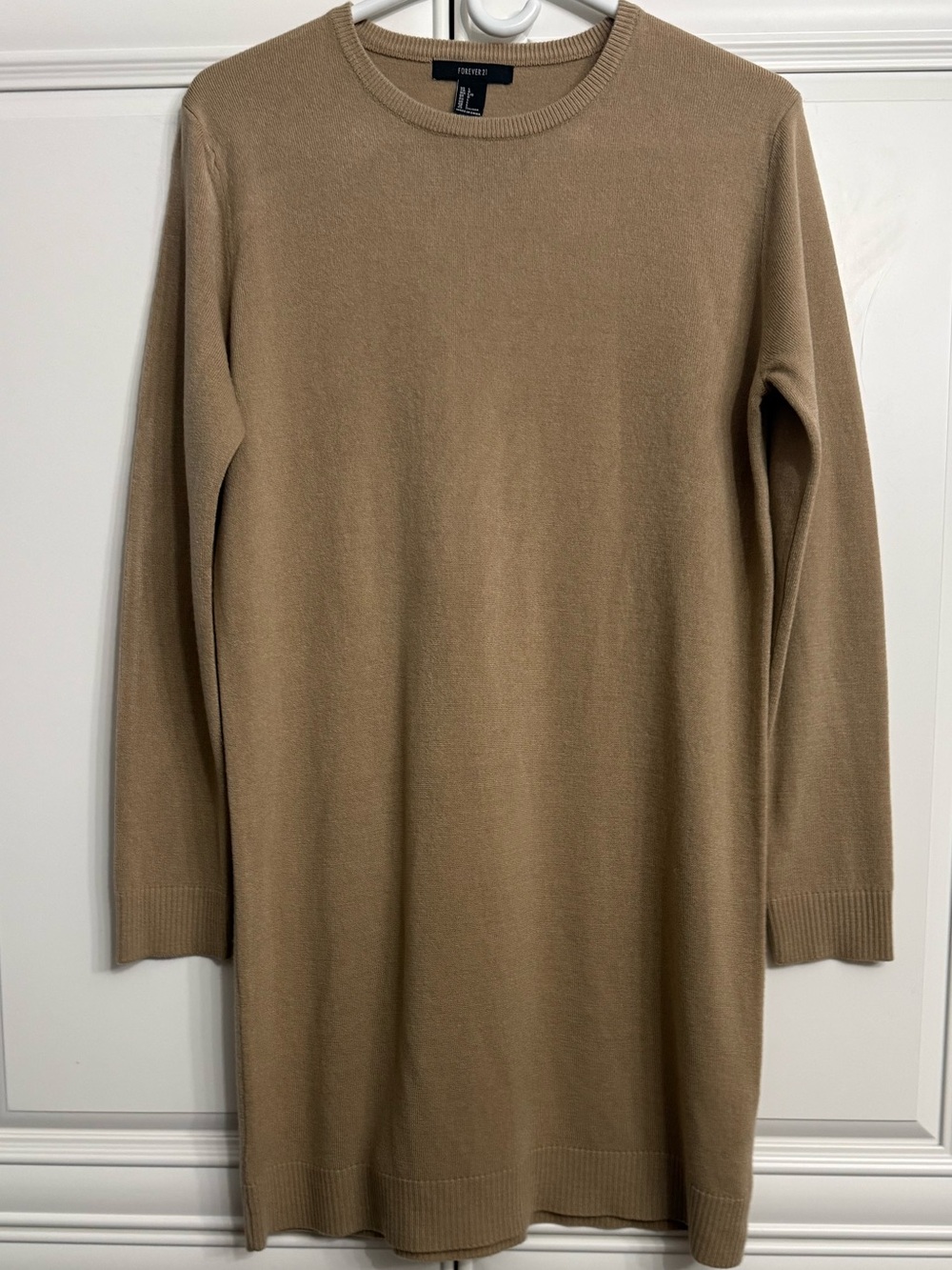 Forever 21 Camel Brown Long-Sleeve Crewneck Knit Sweater Dress Size Large Career